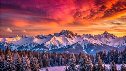 Wall Mural - Pink-tinged sunset over snowy mountains, bathed in warm hues , Pink, sunset, summit, snowy, mountains, warm, hues, colorful, landscape