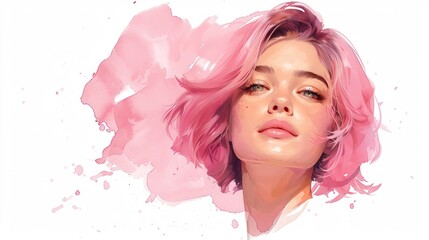 Poster - Watercolor Portrait of a Woman with Pink Hair.