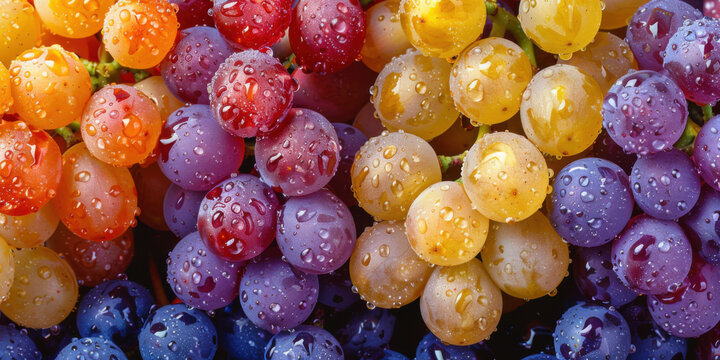Close-up of fresh, multicolored grapes with water droplets showcasing their vibrant colors and juicy texture.