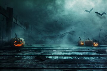 Wall Mural - Spooky halloween background with empty wooden planks, dark horror background. Celebration theme, copyspace for text. Ideal for product placement. copy space, Generative ai
