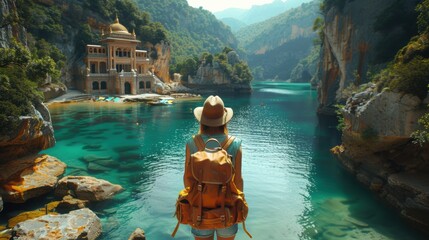 A solo traveler with a backpack exploring an exotic location, such as an ancient temple or a hidden beach, with a sense of wonder.