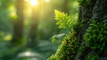 Clinging to a mossy tree trunk, a miniature fern unfurls its delicate fronds in the dappled sunlight. Though small, it is vital to the forest ecosystem, offering habitat for insects and small animals.
