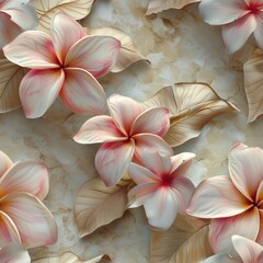 watercolor Plumeria flowers in soft pinks and whites, tropical leaf patterns, sandy beige background, warm and inviting, seamless repeating pattern, minimal pattern, high contrasty