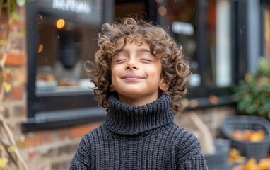 A young boy with curly hair smiles with his eyes closed while wearing a grey turtleneck sweater. He is standing outside in front of a brick building during autumn