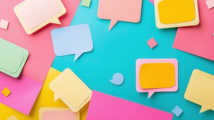 Leinwandbilder - A vibrant, professional image featuring colorful speech bubbles against a blue backdrop, ideal for advertising agencies and marketing professionals. Generative AI