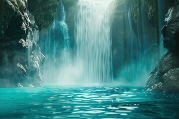 a large waterfall with blue water in the middle of it