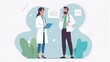 © Daria Lukoiko - Creative Collaboration: Cartoon Doctors Strategize Patient Care Against Abstract Backdrop, Medical Staff Communicating on Professional Topics with Artistic Flair