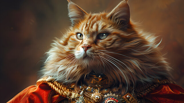 Portrait with Fluffy Cat Dressed Up as General, Tsar or Imperator. Cat in Elegant Bright Clothes 