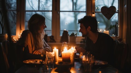 Canvas Print - A man and a woman sitting at a table with candles