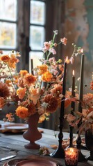 Poster - A table topped with a vase filled with flowers and candles