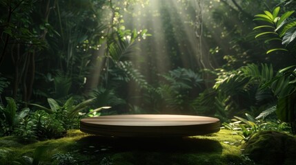 A sleek, modern wooden podium in a forest with digital trees, blending nature and technology, Cyberpunk, Digital Art