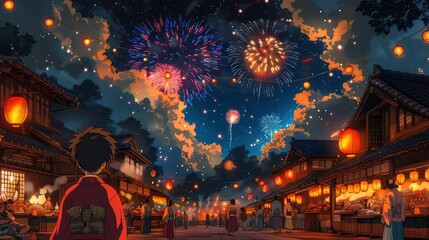 Chinese fireworks festival, night Anime style illustration, anime background