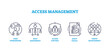 © VectorMine - Access management for information accessibility icons outline collection. Labeled elements for database connection security, privacy and identification vector illustration. User permissions control