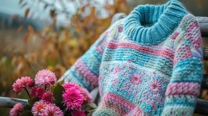 Canvas Print - A knitted sweater sitting on top of a wooden bench