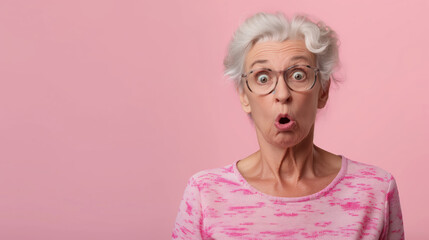 Wall Mural - A woman with glasses and a pink shirt is looking surprised. She has a shocked expression on her face
