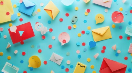 Aufkleber - A blue background scattered with colorful paper cutouts representing social media ads and announcements. Generative AI