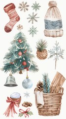 Wall Mural - A collection of watercolor illustrations of christmas items