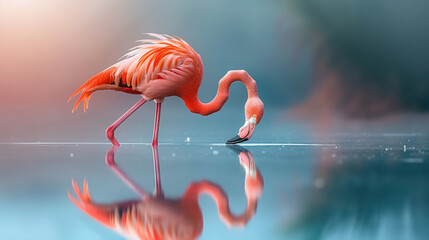 Wall Mural - A pink flamingo in the water.