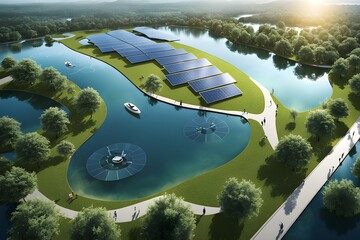 sustainable engaged waterfront development with floating solar panels