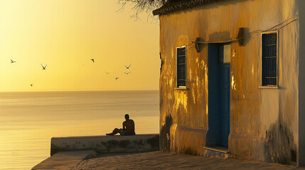 Wall Mural - A silhouette of a man with an old house on the beach.