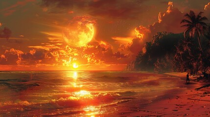 Wall Mural - Fiery Sunset over a Tropical Beach