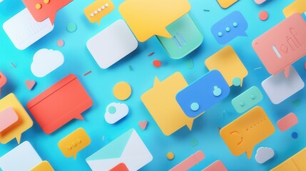 Leinwandbilder - An abstract image depicting a collection of colorful, paper-like social media ad examples scattered across a bright blue background. Generative AI