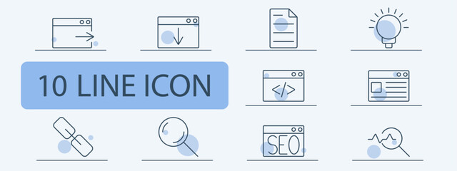 Web and digital marketing line icons set. Browser with arrow, browser download, document, coding, web page, link, magnifying glass, SEO, analytics. Online, internet, technology concept.