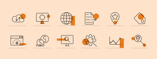 Website icon set. Settings gear, browser window, document, lightbulb, webpage, hyperlink, search, SEO, coding, analytics. Web development, SEO, internet concept.