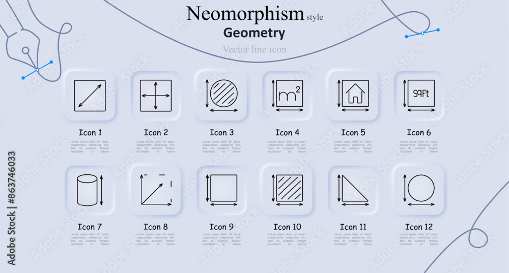 Geometry set icon. Diagonal, arrows, circle, square meters, house ...