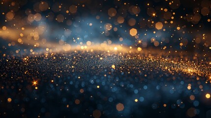 Wall Mural - A dark blue and gold abstract background with gold stars and sparkling christmas golden light shine particles bokeh on a navy background with gold foil texture.