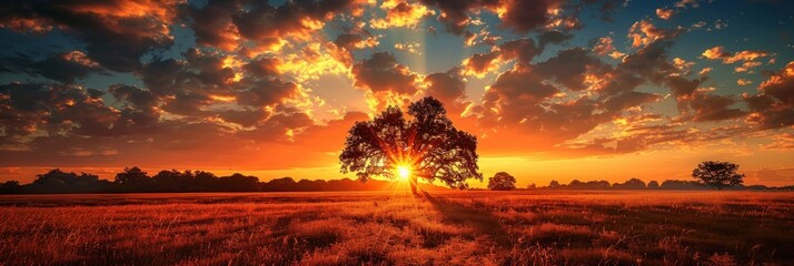 Wall Mural - Golden Sunset Over a Field with a Lone Tree
