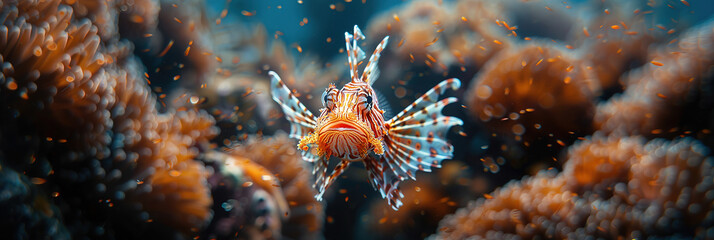 underawater macro detail of a lion fish, with empty copy space, 