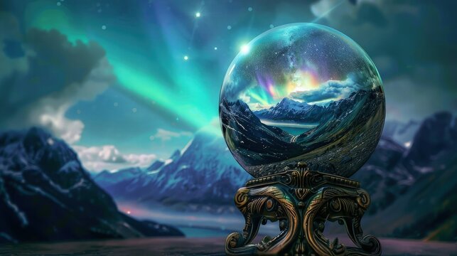 A mystical crystal ball resting on an ornate stand, inside it a dreamy landscape featuring an aurora borealis illuminating the night sky over a serene mountain range.