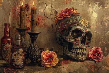 Wall Mural - gold skull for dia de los muertos - day of the dead with candles and flowers