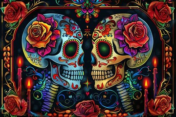 Wall Mural - A painting of La Calavera Catrina, A woman with a skull, celebration of the Day of the Dead