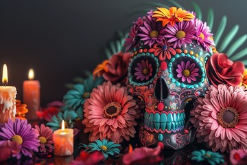 Wall Mural - gold skull for dia de los muertos - day of the dead with candles and flowers