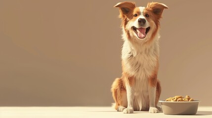 Pampered pooch savors hearty meal in front of bowl with dog food on plain background.