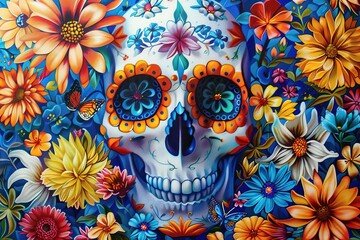 Wall Mural - Dia de los muertos traditional calavera sugar skull decorated with flowers the day of the dead illustration