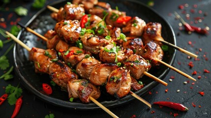 Wall Mural - Tasty Asian Dish with Chicken and Beef Skewers