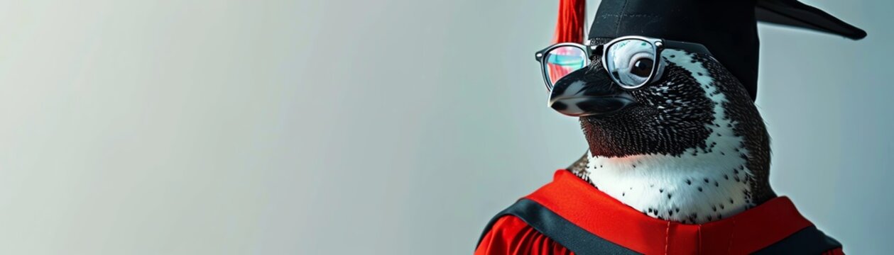 Penguin in graduation cap and glasses, red graduation gown, white background