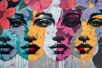 Wall Mural - mural street art graffiti on the wall. Abstract pastel color woman faces with flowers .	