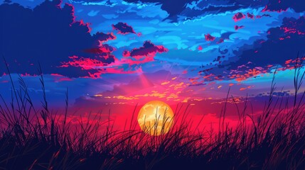 Wall Mural - Sunset with blue sky clouds and red sun above dark grass