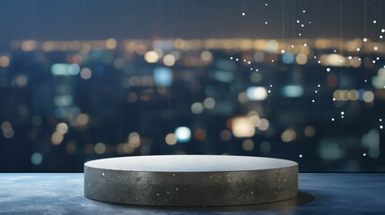Wall Mural - A circular concrete platform sits in the foreground with a blurred city lights and falling rain background.