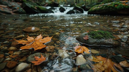 Wall Mural - Autumn Leaves in a Tranquil Stream