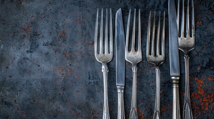 Sticker - Forks arranged on dark background with space for text Food concept image No individuals