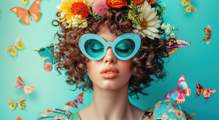 Wall Mural - A fashion model with big curly hair, wearing retro sunglasses and surrounded by colorful butterflies and flowers, creates an elegant atmosphere.