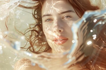 Close-up of an attractive woman with water splashing around her face. Sunlight and water reflections enhance her serene expression and natural beauty