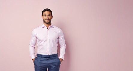 Wall Mural - A man in a pink shirt and blue pants stands in front of a pink wall