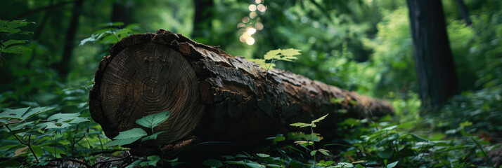 Fallen tree trunk slowly decomposing in lush forest