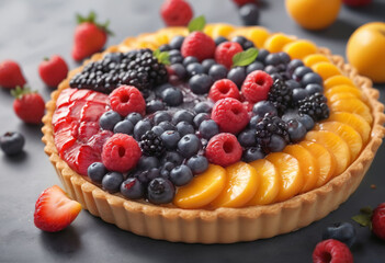 A vibrant and colorful fruit tart, blurred background